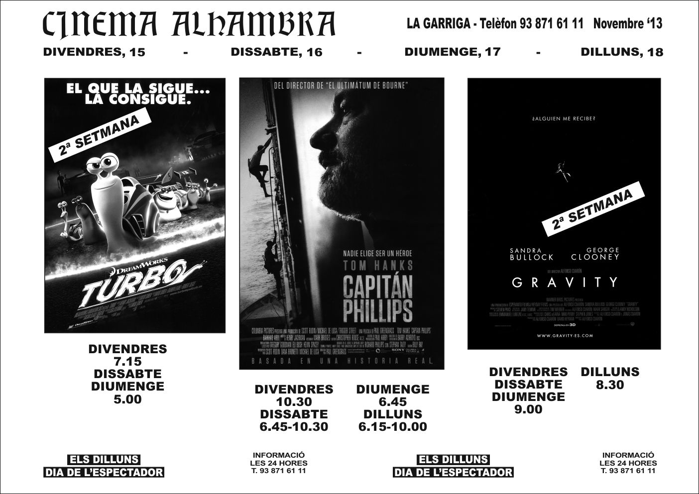 Cartellera del Cinema Alhambra del 15 al 18 de novembre