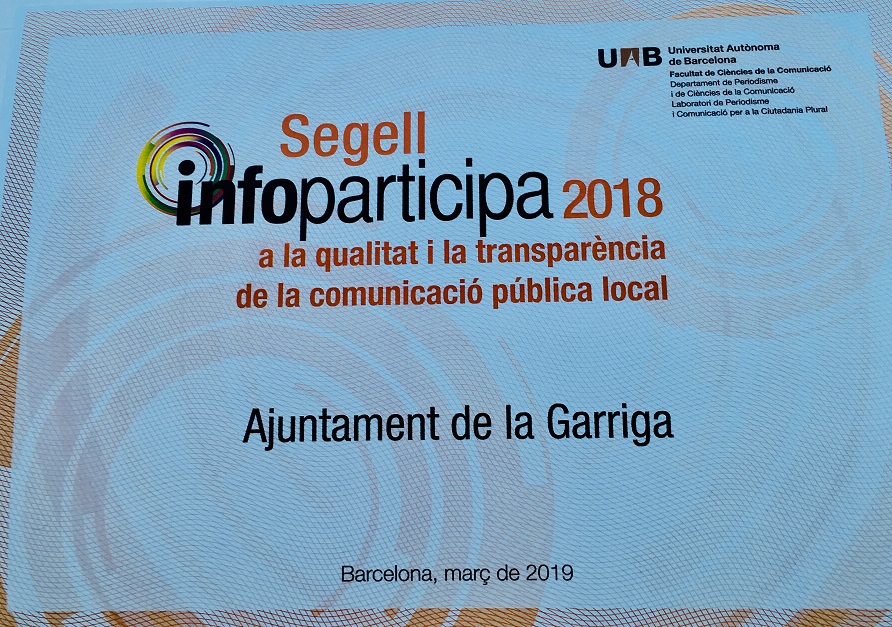 La Garriga rep per cinquè any consecutiu el Segell Infoparticipa