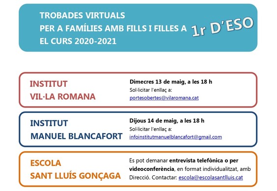 Trobades virtuals per a famílies d'alumnes que faran 1r d'ESO