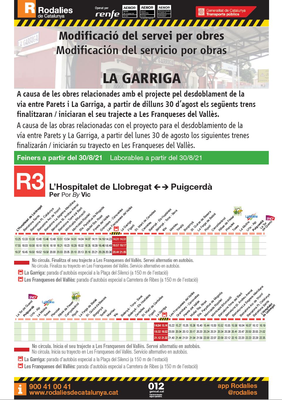 Bus llançadora per cobrir el tram de l'R3 entre les Franqueses i la Garriga