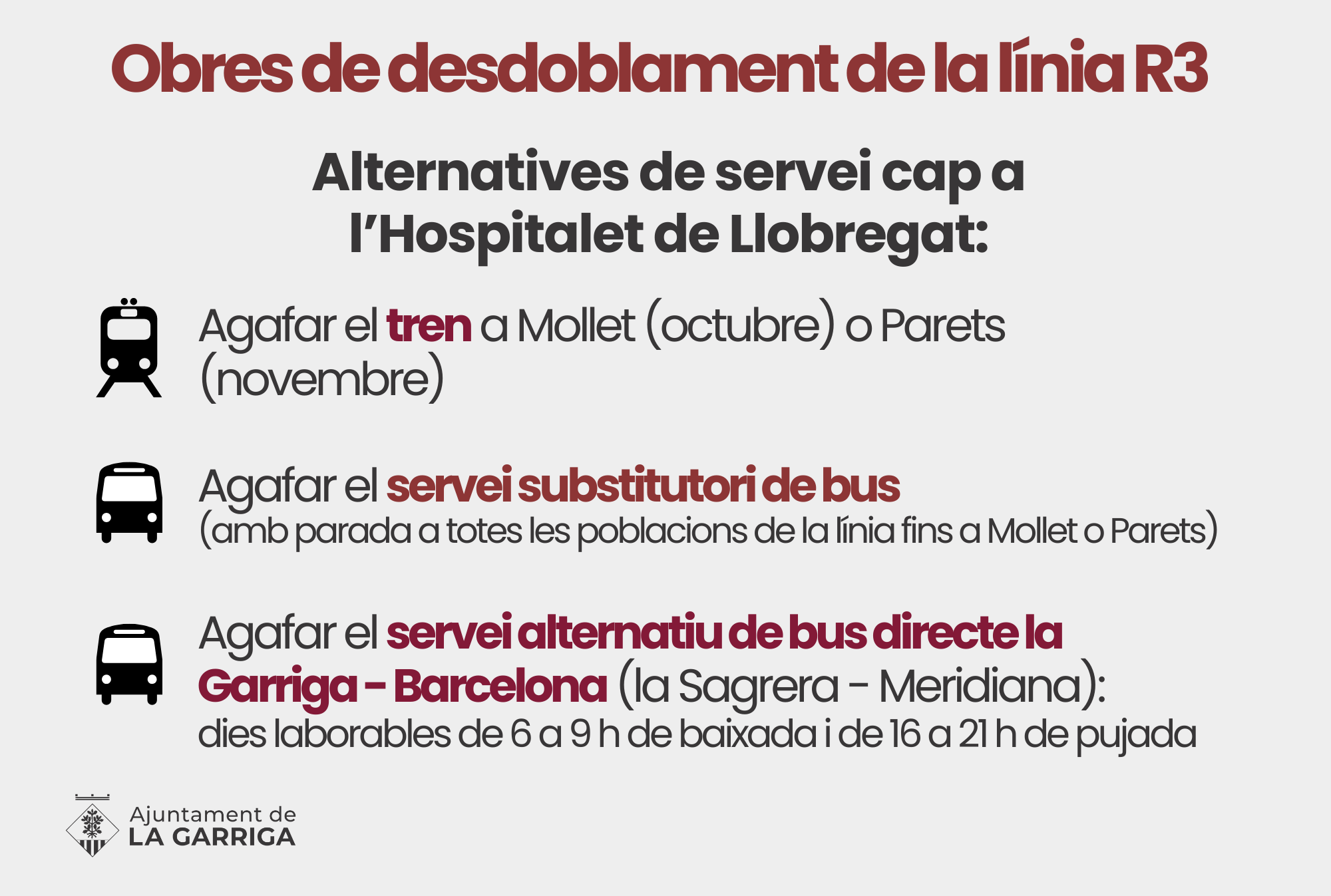 La Garriga tindrà servei directe de bus a Barcelona mentre duri el tall de l'R3