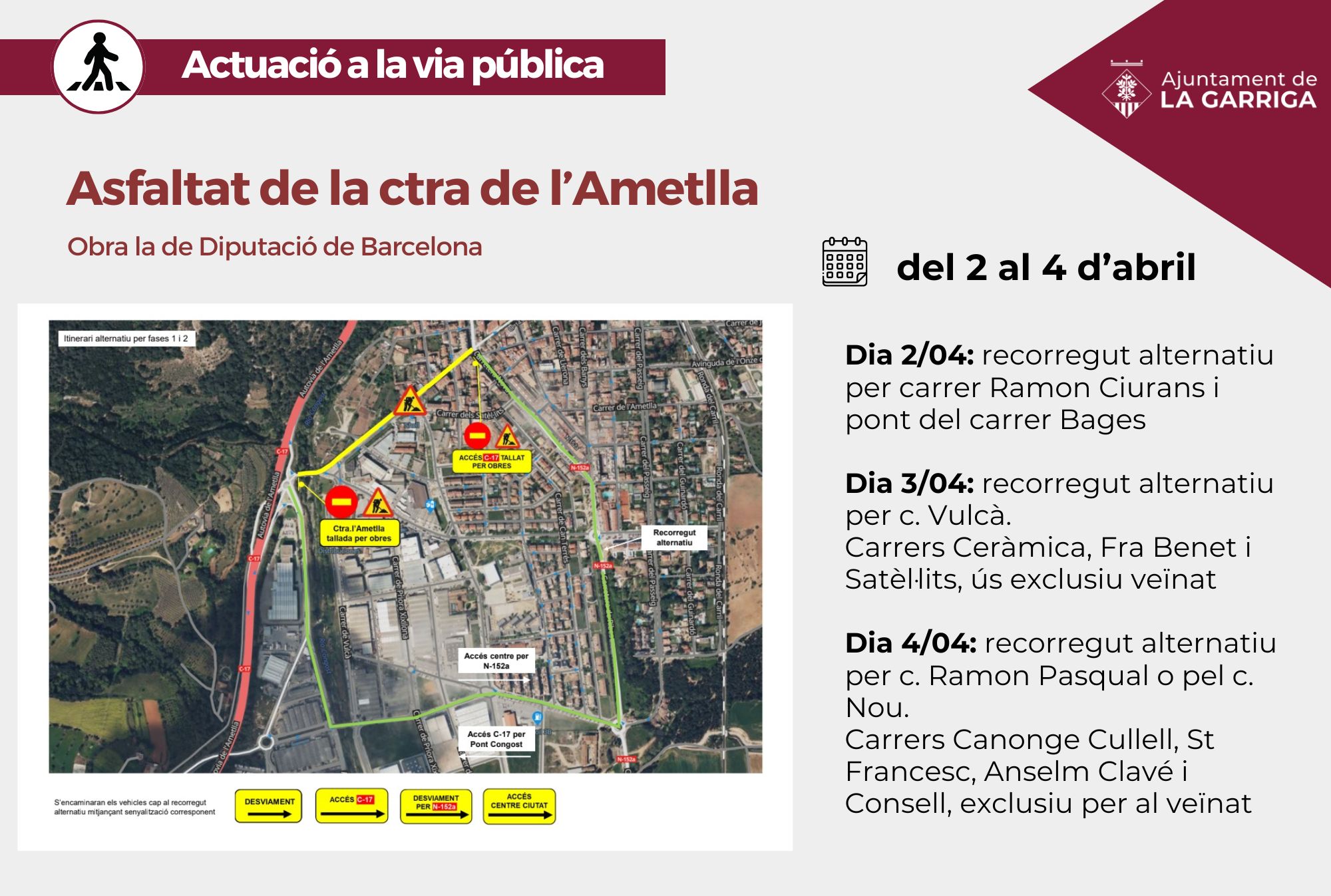 Asfaltat de la ctra de l'Ametlla del 2 al 4 d'abril