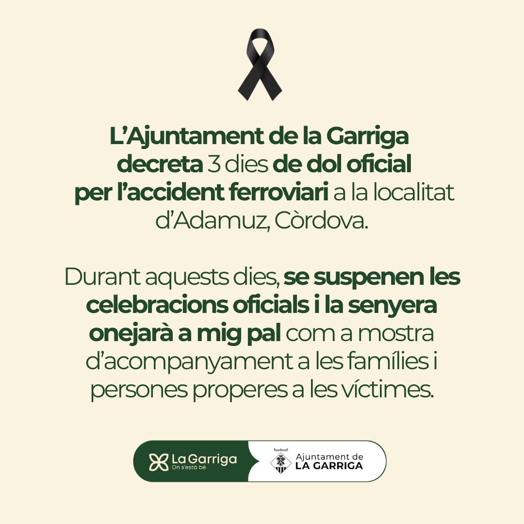 L'Ajuntament decreta tres dies de dol oficial per l'accident ferroviari d'Adamuz