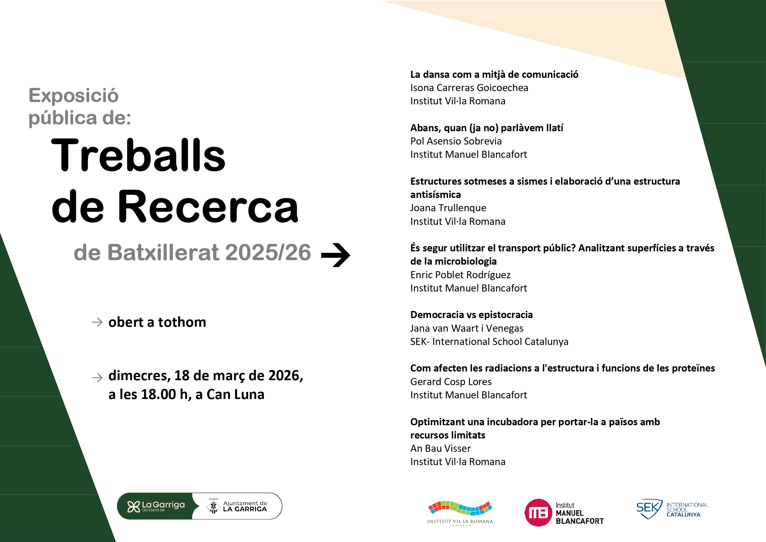 Exposici&oacute; p&uacute;blica de Treballs de Recerca de Batxillerat curs 2025-2026